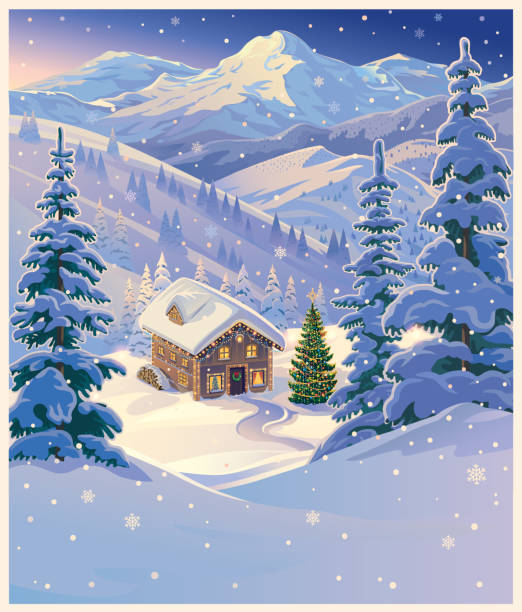 Winter landscape with a house in a mountain valley. Winter landscape with a gingerbread house in a mountain valley, Christmas mood, a holiday card. Vector illustration. fairy tale village stock illustrations