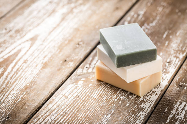 istock Natural soap bars on wooden background 1428024939