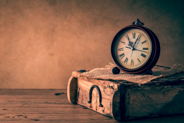 istock Vintage alarm clock with copy space. Photo in retro color image style 1428025082