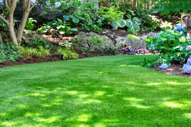 Artificial turf creates a natural look in a backyard garden. This beautiful backyard woodland garden features a maintenance free lawn made of realistic looking artificial grass, a huge landscaping trend for small spaces. imitation stock pictures, royalty-free photos & images