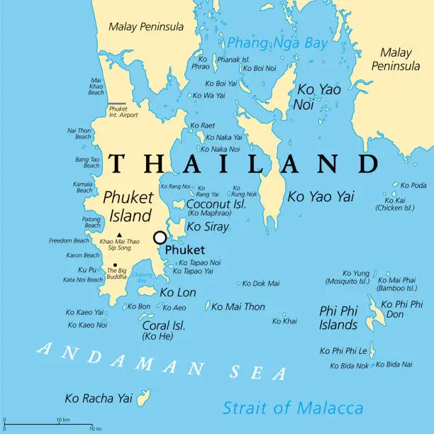 Vector illustration of Phuket, largest Island of Thailand, political map with surrounding area