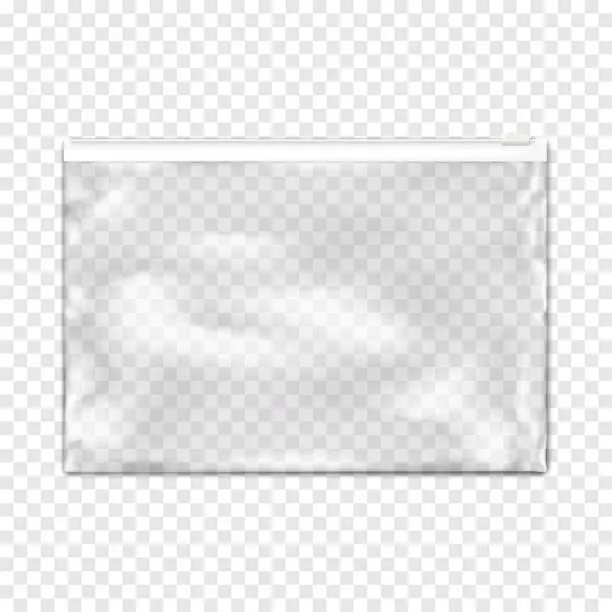 Vector illustration of Clear plastic envelope bag with white zip lock on transparent background realistic vector mockup. Empty zipper PVC vinyl package mock-up