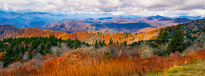 Fall mountain scenery. A panoramic view of the Smoky Mountains from the Blue Ridge Parkway in North Carolina,USA. Image for banner or web header.