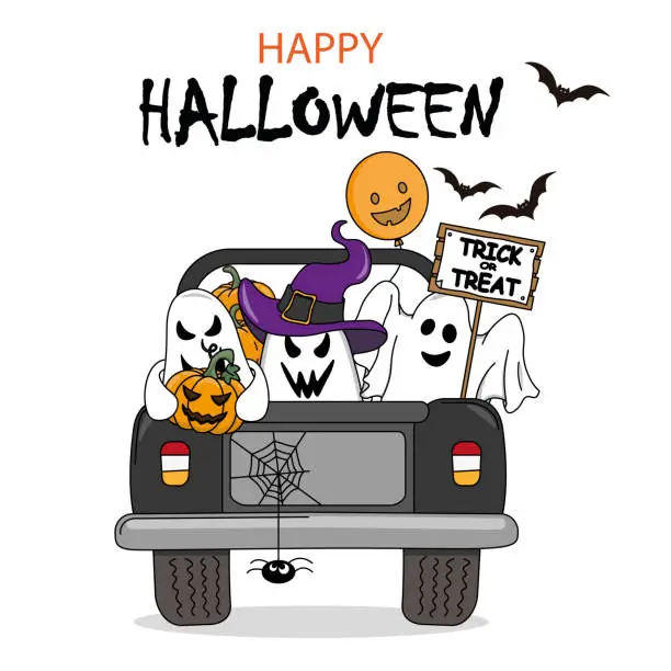 Vector illustration of Halloween card. Ghost in car with pumpkin and halloween accessories