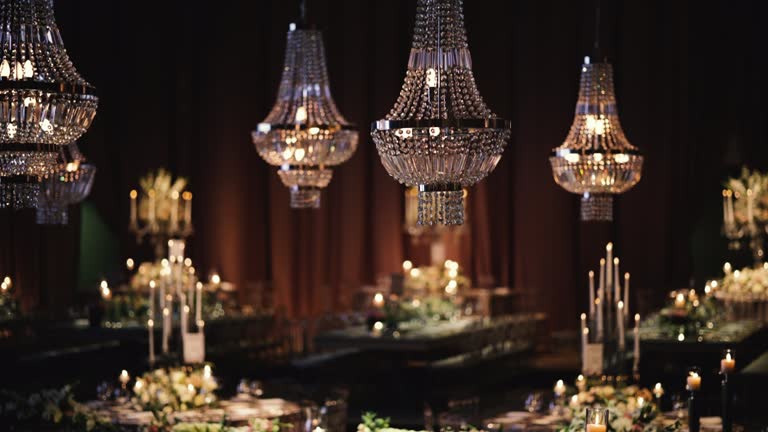 Crystal chandeliers, Event decoration. Ballroom decoration.