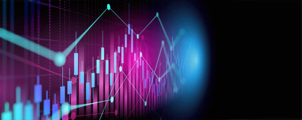 ネオンライトカラーの背景に株式市場でアップトレンドラインローソク足チャートと抽象的な財務グラフ - data graph chart finance ストックフォトと画像