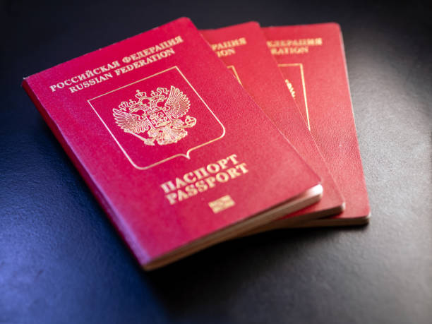 istock Three russian biometric passports on a dark background. Selective focus, close-up. Translation: Russian Federation. Passport 1428045727