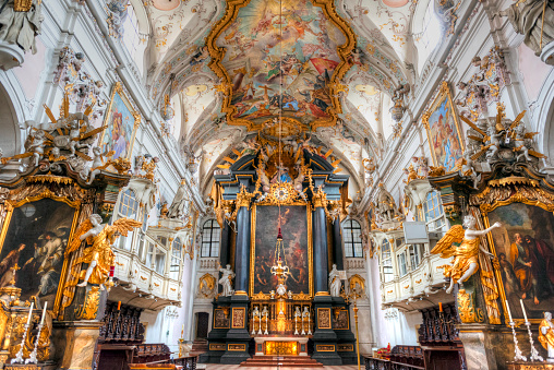 Baroque ceiling construction with magnificent paintings in the central nave of the monastery of St. Emmeram in Regensburg, Bavaria