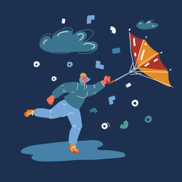 ilustraciones, imágenes clip art, dibujos animados e iconos de stock de ilustración vectorial de dibujos animados de mujer paraguas roto en fuertes vientos, huracanes de mal tiempo y tormentas en la ciudad - hurrican