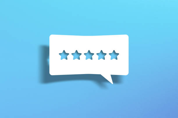 istock The best rating. Five star shape in speech bubble on blue background. 1428049456