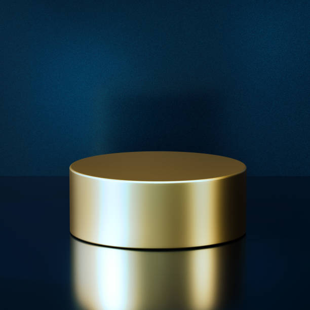 istock Golden colour low round empty podium lit by spotlight. 3d computer graphic template of displaying place for your products. 1428049623
