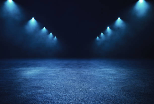 istock Dark foggy environment, flat concrete place illuminated by top lights 1428049770