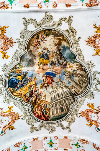 Colorful St Ignatius Ceiling Painting on Jacob's Chariot to Heaven Jesuit Church Basilica Lucerne Switzerland  Church built 1667 St Ignatius founded Jesuit order