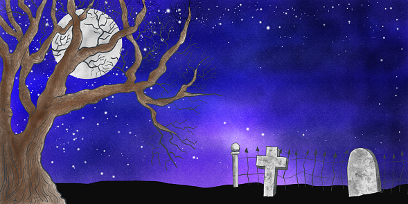 illustration of the full moon over the cemetery