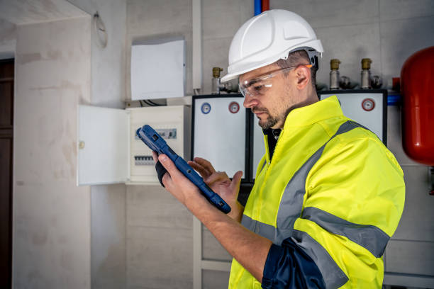 istock Man, an electrical technician working in a switchboard with fuses, uses a tablet. 1428054550