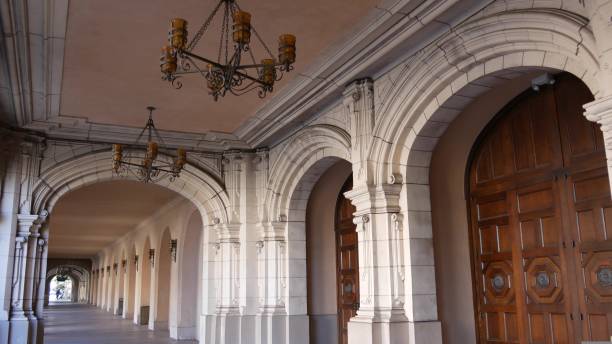 Spanish colonial revival architecture, Balboa Park, San Diego, California USA. Historic building, classic baroque or rococo romance style. Arches and columns of Casa, archway, vault, arcade or passage