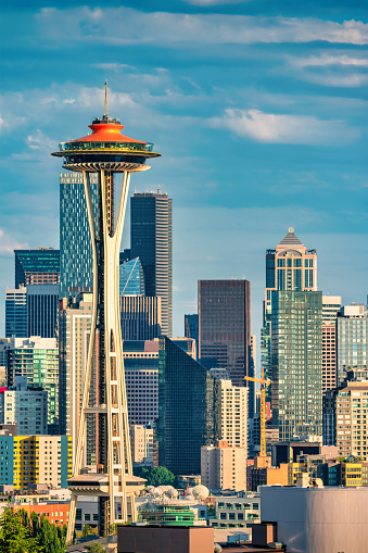 The skyline of downtown Seattle, Washington, USA with the Space Needle observation tower on a sunny day.