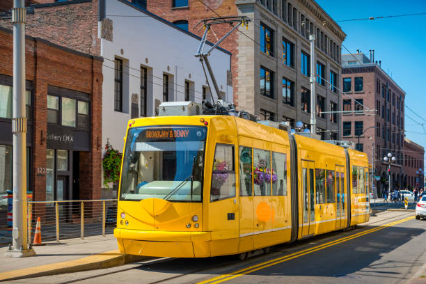A streetcar is standing in downtown Seattle, Washington, USA on a sunny day.