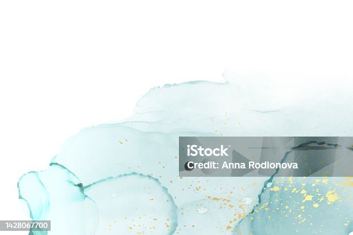 istock Watercolor background with abstract blue ink waves and golden splashes. 1428067700