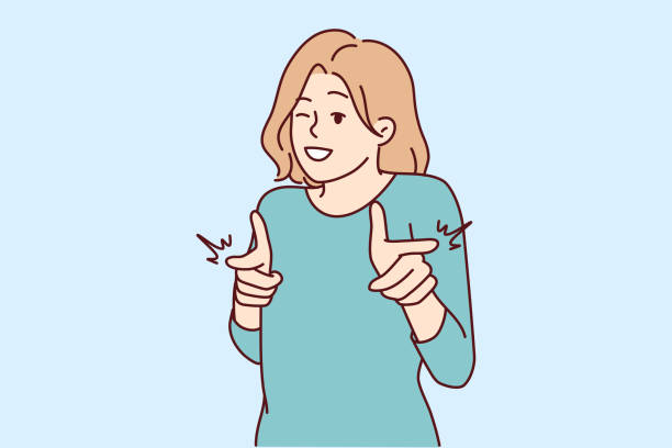 Smiling woman point at camera Smiling woman point at screen make choice. Happy female show with fingers at camera make I choose you gesture. Vector illustration. women satisfaction decisions cheerful stock illustrations