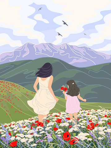 Young woman and little girl walking among red and white wild flowers. People enjoy the scenery with mountains, floating clouds and flying birds in sky. Calm landscape simple vector illustration.