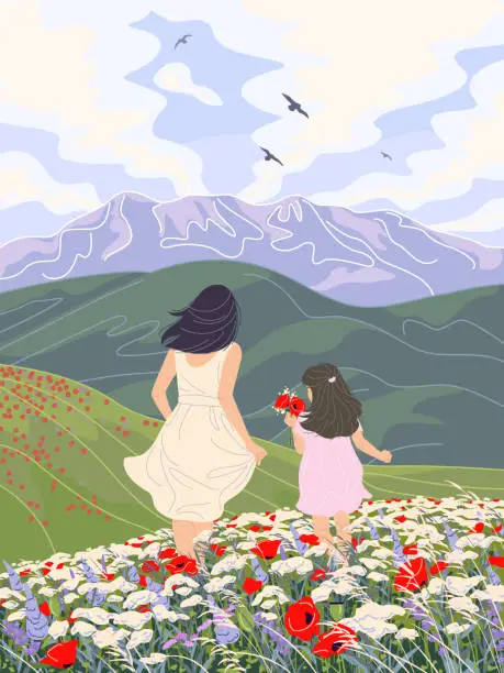 Vector illustration of Young Woman and Little Girl Walking among Wildflowers