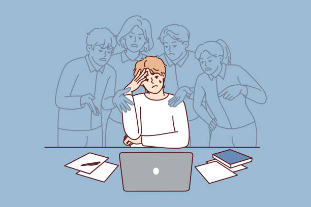 illustrations, cliparts, dessins animés et icônes de homme stressé sous la pression de l’opinion sociale - emotional stress ideas bullying office