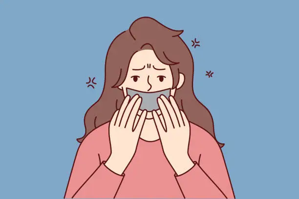 Vector illustration of Anxious woman with tape on mouth