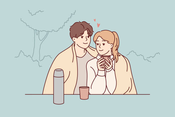Happy couple sitting in park drinking tea Happy couple sitting in park hugging drinking warm coffee enjoy romantic date together. Smiling loving man and woman embrace cuddling outdoors. Vector illustration. couple hugging drawing stock illustrations