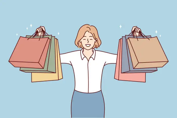 Vector illustration of Smiling woman show bags after shopping