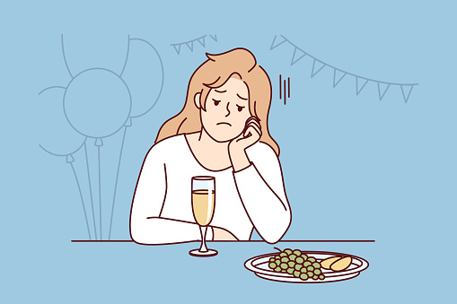 Bored young woman sit alone at party lack communication. Unhappy stressed girl feel lonely at celebration. Loneliness and solitude. Vector illustration.
