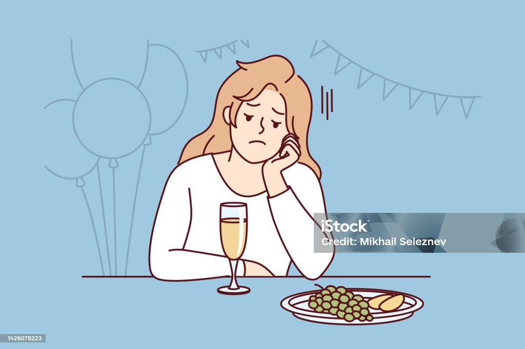 Bored girl feel lonely at party Bored young woman sit alone at party lack communication. Unhappy stressed girl feel lonely at celebration. Loneliness and solitude. Vector illustration. Disappointment stock vector Bored girl feel lonely at party Bored young woman sit alone at party lack communication. Unhappy stressed girl feel lonely at celebration. Loneliness and solitude. Vector illustration. Disappointment stock vector