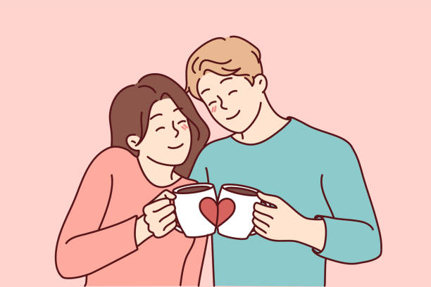Happy couple hug drink coffee from cute cups Happy couple hugging drinking coffee from lovers mugs. Smiling man and woman embrace enjoy morning tea from cute cups. Vector illustration. hot male drawing stock illustrations