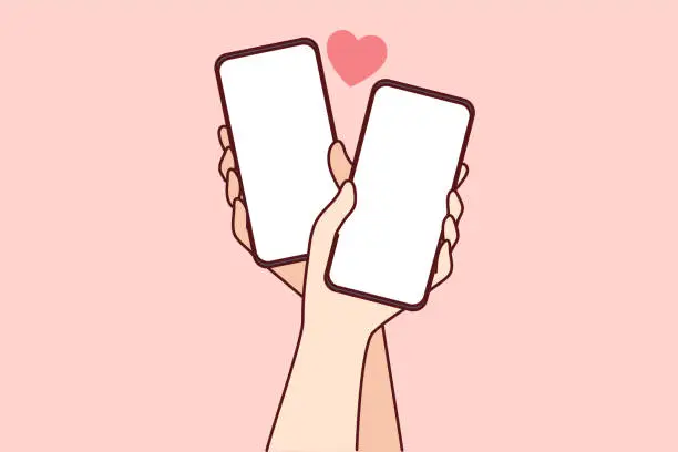 Vector illustration of Couple hands with cellphones and internet dating