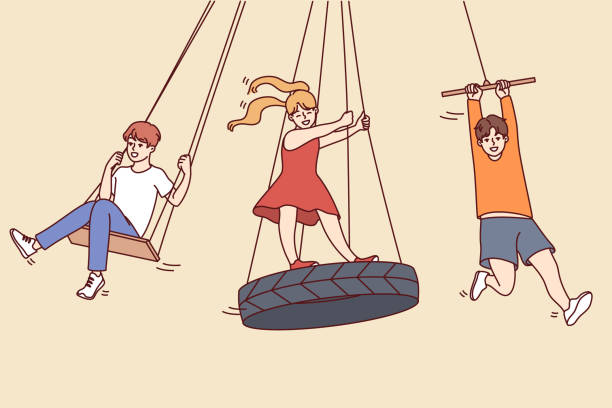istock Happy kids ride on swings outdoors 1428078933