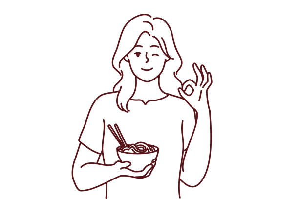 ilustraciones, imágenes clip art, dibujos animados e iconos de stock de mujer sonriente recomienda mostrar comida ok gesto - restaurant sign sign language food