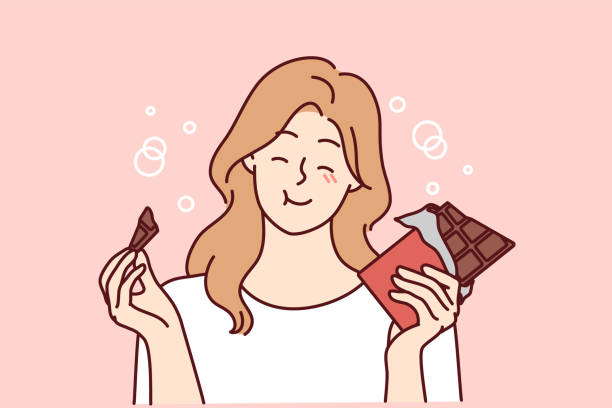 улыбающаяся девушка ест шоколадный батончик - real food illustrations stock illustrations