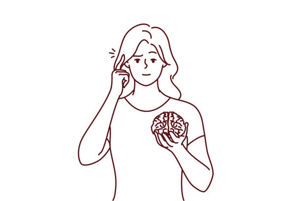 Young woman hold brain pint at head Young woman holding brain hands show at head. Focused female ask to use brain and think and consider more. Vector illustration. brain eater stock illustrations