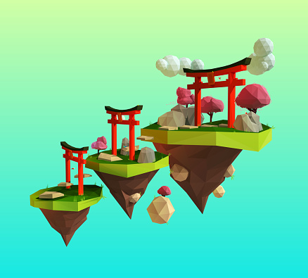 Torii gate on the flying island, game concept. Vector illustration.