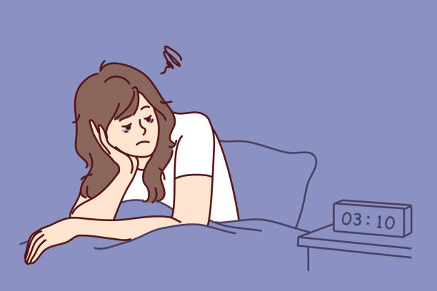 ilustrações, clipart, desenhos animados e ícones de mulher exausta senta na cama sofre de insônia - dependency caffeine tired women