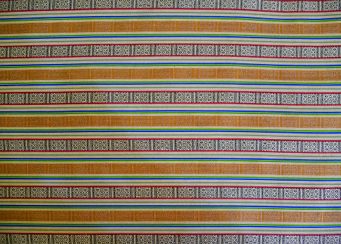 Jagathang, Bhutan: 'Mentsi mathra', a traditional Bhutanese textile pattern - woven fabric, 'hor' technique weaving.