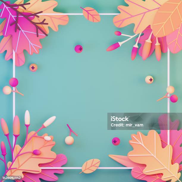 Autumn Card Template With Colorful Leaves 3d Render Stock Photo - Download Image Now
