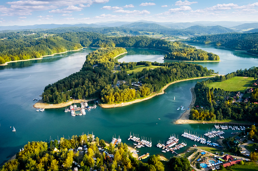 Vacations in Poland - view of Lake Solina and the spa village of Polanczyk,  Bieszczady Mountains in background