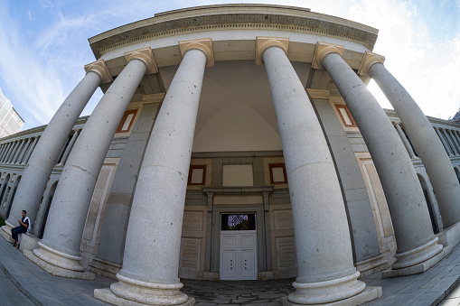 Madrid, Spain, September 2022. fisheye view of the colonnade in front of the Prado Museum in the city center