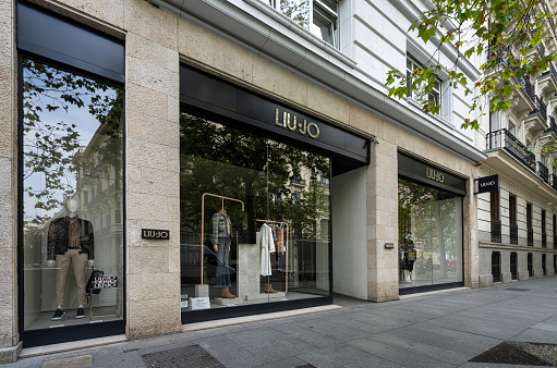Madrid, Spain, September 2022. view of the Liu Jo fashion brand sign out of the store in the city center