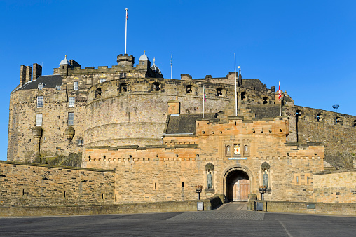 Edinburgh, Scotland - Wide angle view of Edinburgh Castle on a sunny day, Edinburgh, East Lothian, Scotland, UK