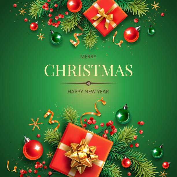 金と赤のクリスマスシンボルとテキストが描かれた正方形のバナー。 - gift snow yellow christmas点のイラスト素材／クリップアート素材／マンガ素材／アイコン素材