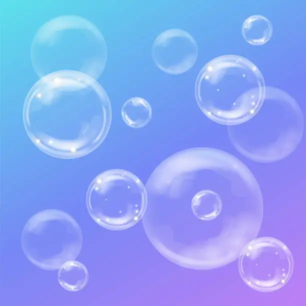 Vector illustration of Realistic soap bubbles on colorful background