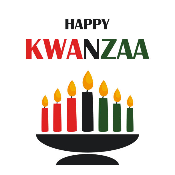 happy kwanzaa feier banner. kinara mit sieben kerzen und text - kinara stock-grafiken, -clipart, -cartoons und -symbole