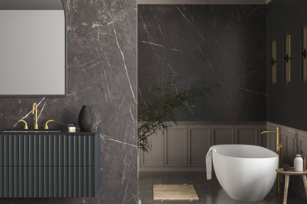 istock Modern luxury bathroom, dark marble background walls, white bathtub, double sink, marble countertop, mirror, indoor plants side view. Mock up. 3d rendering 1428107079